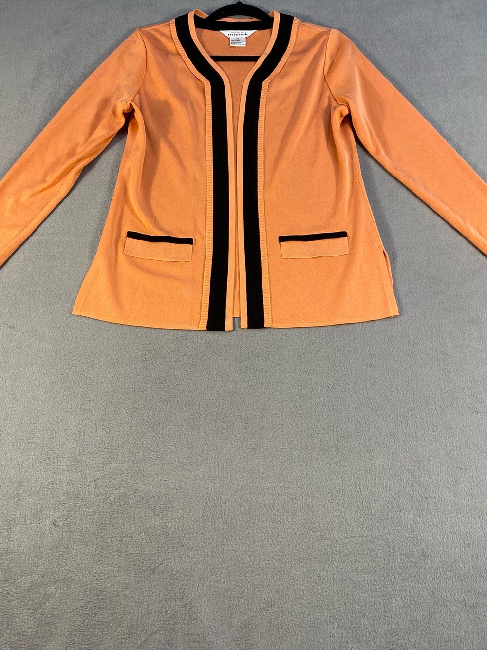 Exclusively Misook women’s bright Orange Open Front Cardigan with Black Trim, XS